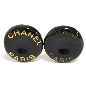 CHANEL Earrings Round Logo Resin Black Gold 97A Vintage Clip-on Button Plastic Ladies Accessories Jewelry