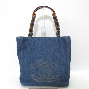 CHANEL Bag Tote Blue Handbag Chain Tortoiseshell Plastic Coco Women's Denim Canvas A10186