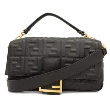 FENDIAuth  Zucca 2way Bag Baguette Large Leather Handbag,Shoulder Bag Black