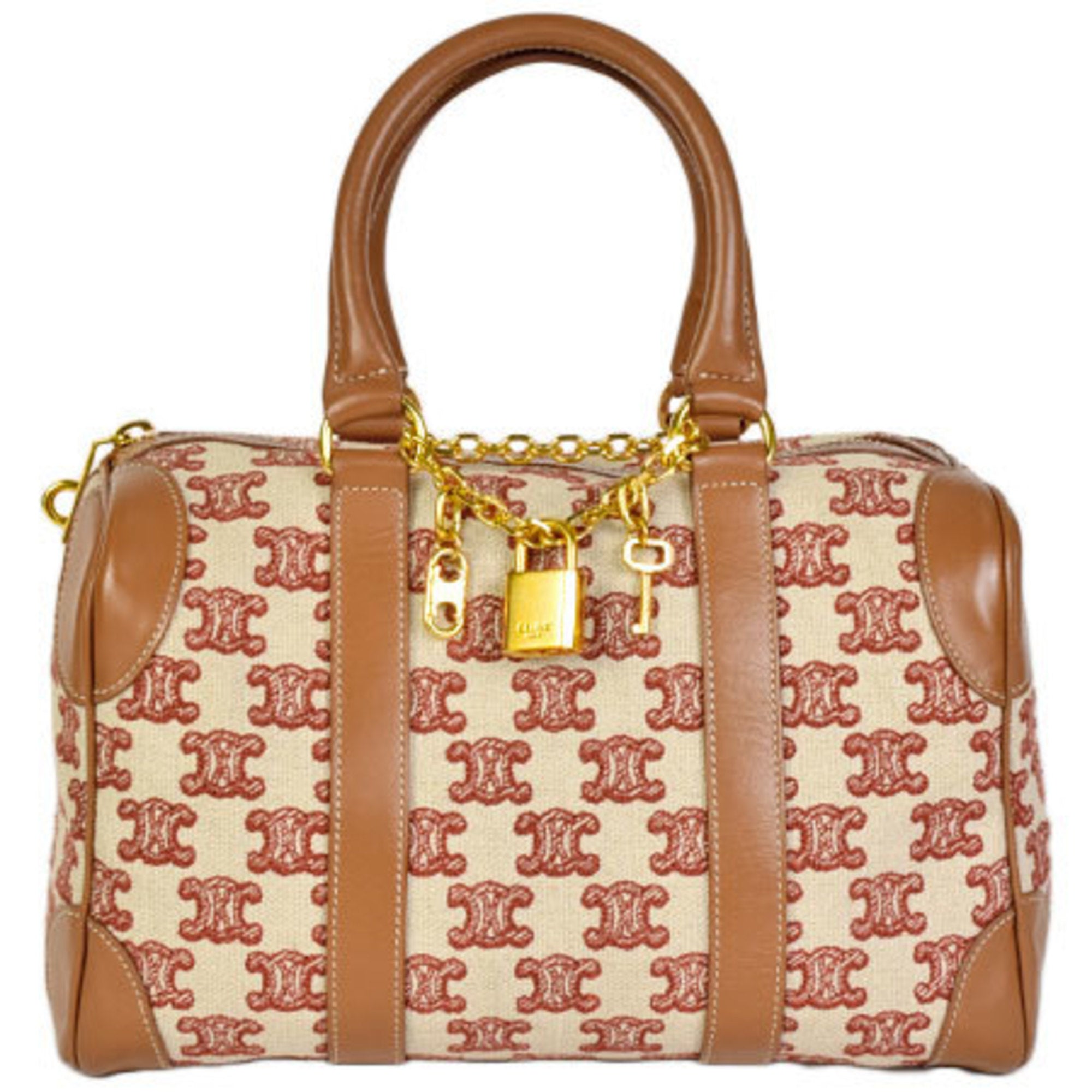 CELINE Small Boston Bag Handbag Brown x Red Triomphe Canvas