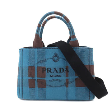 PRADA Canapa Mini 2way Tote Shoulder Bag Plaid Canvas Blue Brown 1BG439 Silver Hardware