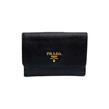 PRADA Logo Metal Fittings Saffiano Leather Genuine Trifold Wallet Mini Black Pink