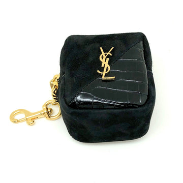 SAINT LAURENT key ring 669964 suede enamel black gold metal fittings pouch coin case ladies