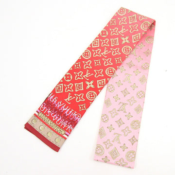 LOUIS VUITTON Scarf Bandeau Monogram Map Red Pink 100% Silk Ribbon Women's