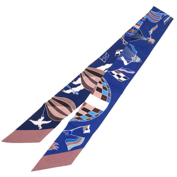 HERMES Twilly Madness in the Sky LES FOLIES DU CIEL Silk Marron Glace Marine Scarf Muffler Blue