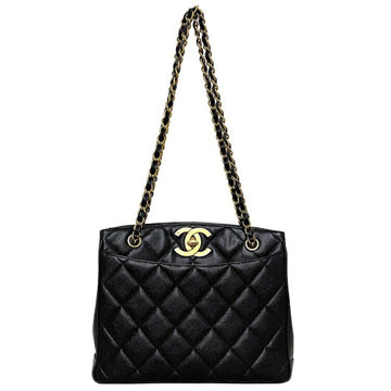 Chanel Decamato Chain Tote Bag Black Gold Matelasse Leather Caviar Skin No. 3 Coco Mark Turnlock Women's