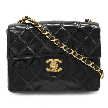 CHANEL Matelasse Coco Mark Chain Shoulder Bag Pochette Enamel Leather Black