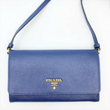 Prada Shoulder Wallet Long Saffiano Leather Blue Ladies Purse Bag 2WAY Clutch Slanted Keg