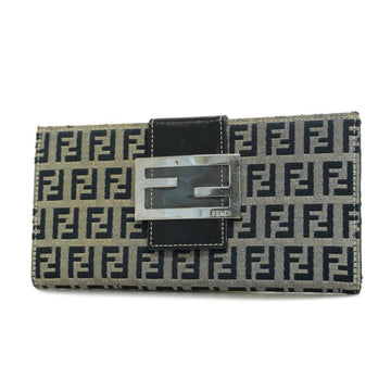 FENDI Long Wallet Zucchino Canvas Leather Navy Silver Hardware Women's