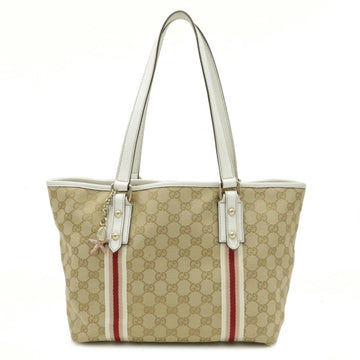 Gucci GG Canvas Sherry Line Tote Bag Shoulder Leather Beige White 137396