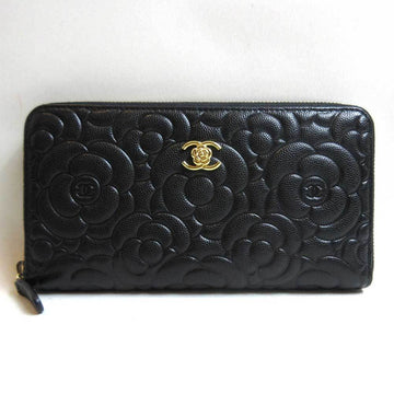 CHANEL Long Wallet Round Zipper Camellia Caviar Skin Leather Black Flower A82281