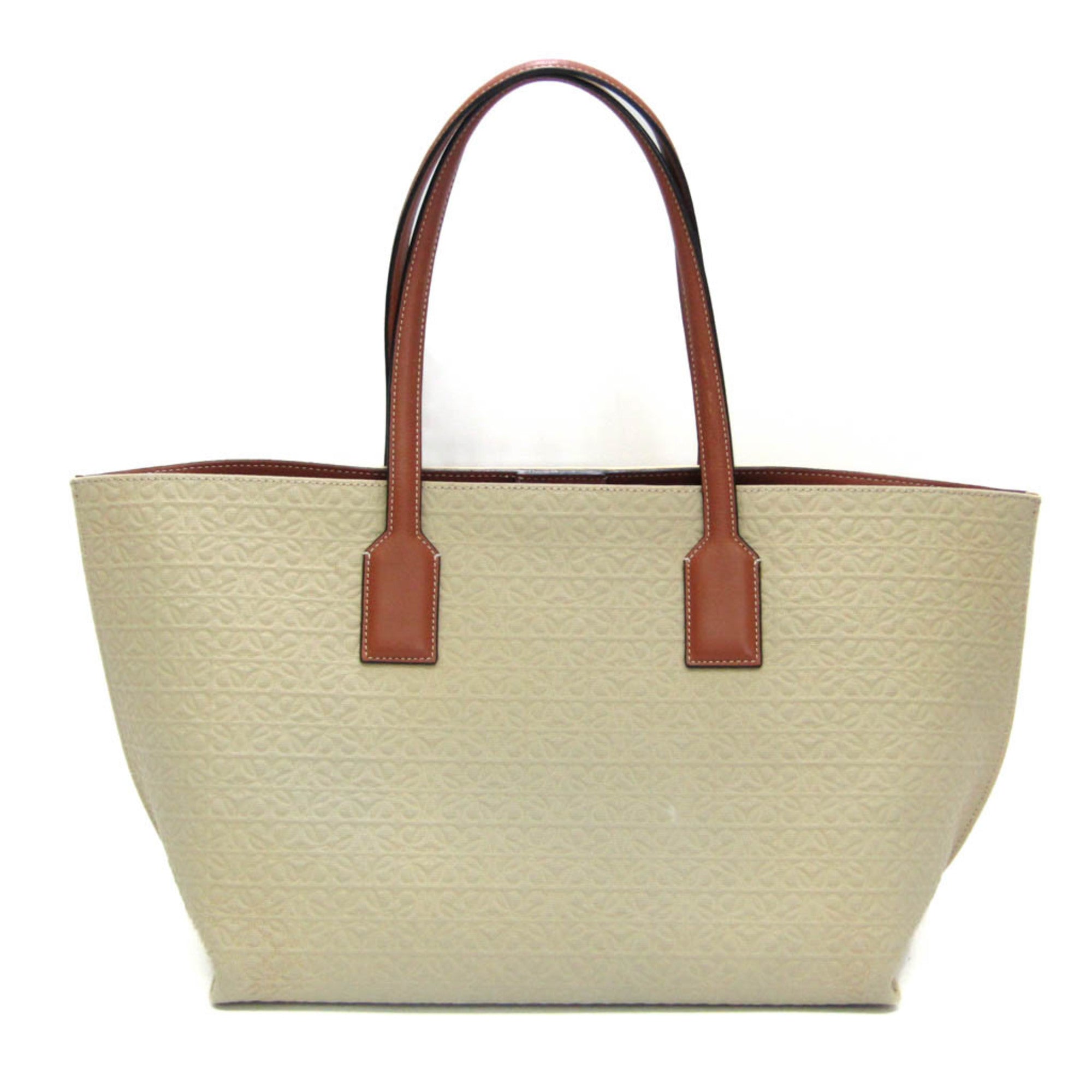 LOEWE T Shopper Women s Leather Canvas Tote Bag Beige Brown