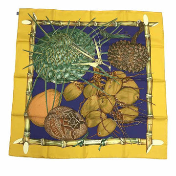 HERMES Scarf Muffler Carre 90 JARDIN CREOLE Creole Paradise Yellow x Navy Silk 100%