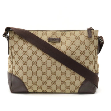 GUCCI GG Canvas Shoulder Bag Leather Khaki Beige Dark Brown 114273