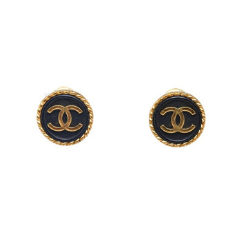 CHANEL Cocomark Circle Earrings Gold Black Plated Women's