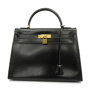 HERMESAuth  Kelly 32 〇U Stamp Women's Box Calf Leather Handbag Black