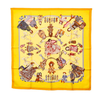 HERMES Carre 90 Hello Dolly Doll Pattern Scarf Yellow Brown Multicolor Silk Women's