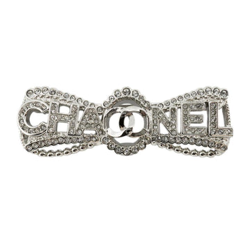 CHANEL Brooch Here Mark Logo Ribbon Motif Rhinestone Metal Material Silver A22B Women's