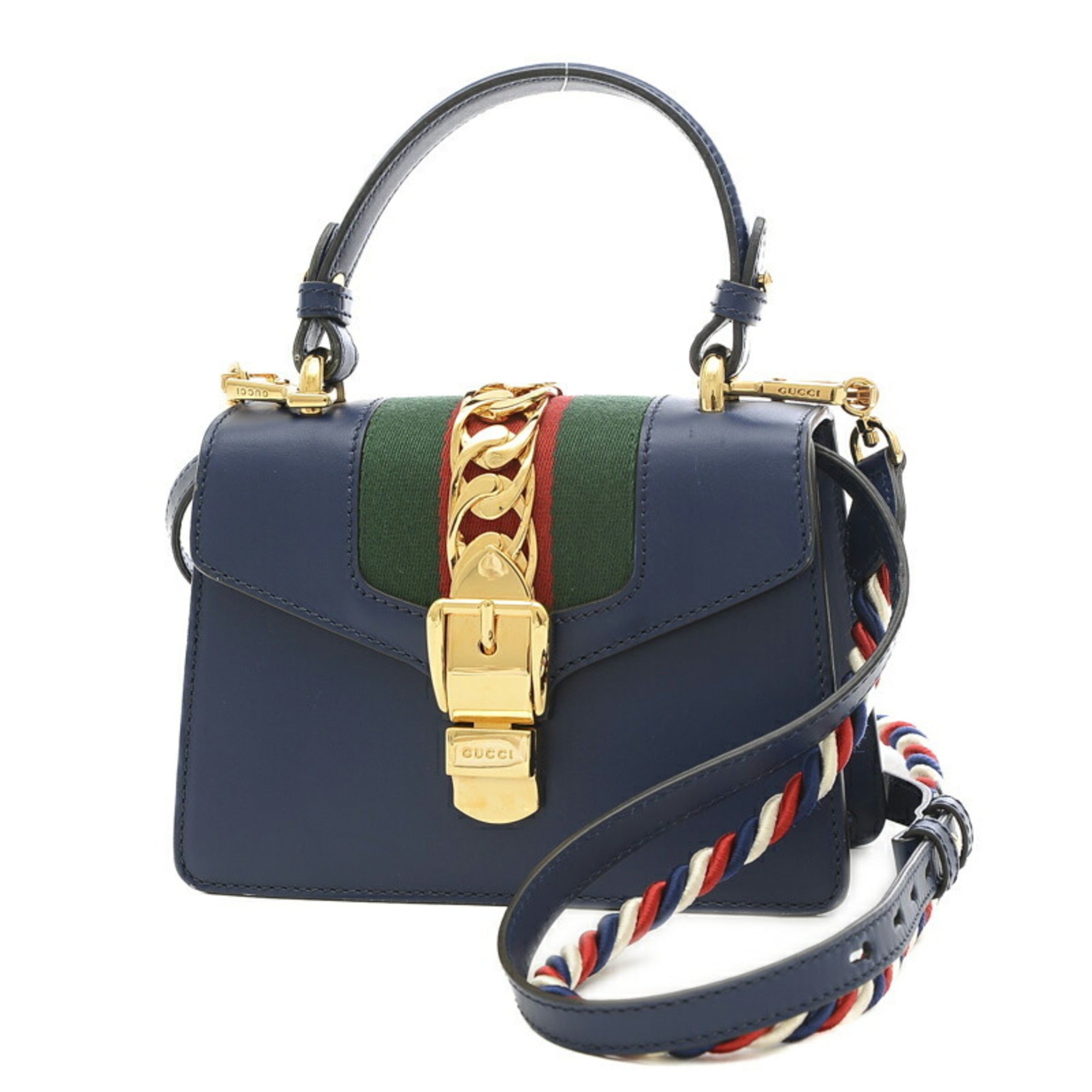 GUCCI Sylvie Top Handle 2Way Bag Leather Navy 470270