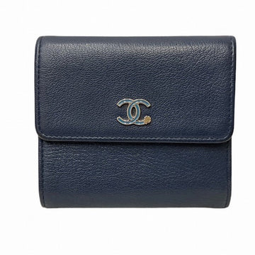 CHANEL Clover Compact Wallet Navy 3-fold Women's