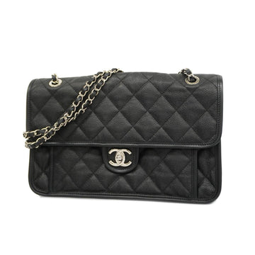 CHANEL Shoulder Bag Matelasse French Riviera W Chain Caviar Skin Black Silver Hardware Women's