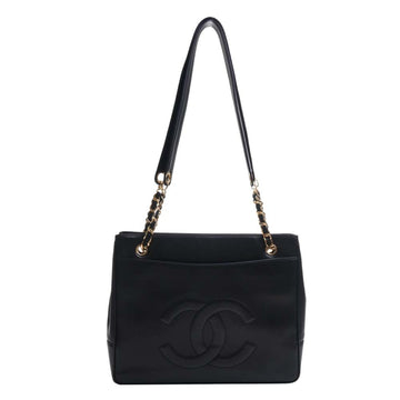 CHANEL Leather Coco Mark Chain Tote Bag Black Ladies