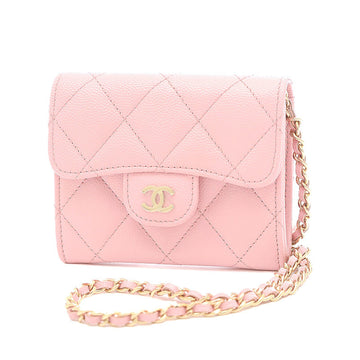 CHANEL Matelasse Chain Wallet Compact Caviar Skin Pink AP0238