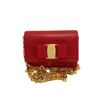SALVATORE FERRAGAMO Vara Ribbon Leather Genuine Chain Shoulder Bag Red