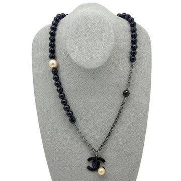 CHANEL necklace ladies long coco mark pearl beads 05P 2005 black gold vintage silver