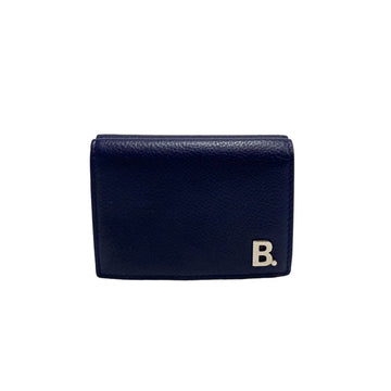 BALENCIAGA Logo Hardware Leather Genuine Trifold Wallet Mini Compact Navy