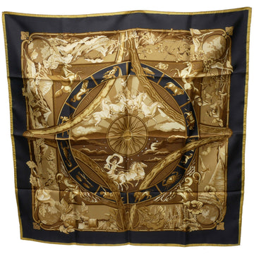 HERMES RYTHMES DU MONDE World Rhythm Carre 90 Large Scarf Shawl Stole Women's Silk 100% Black/Brown/Gold 88×88cm