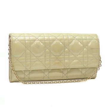 Christian Dior Bifold Long Wallet Cannage Stitch Women's Beige Patent Leather 02-LU-0079 Chain