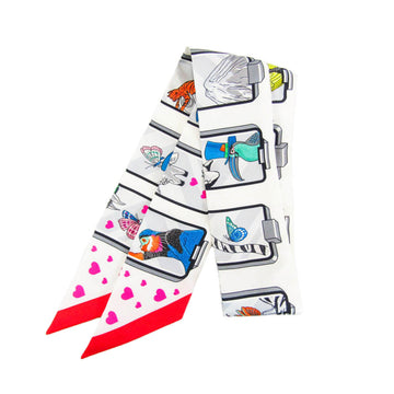 HERMES Twilly  Story Twilly Women's Silk Scarf Multi-color,White