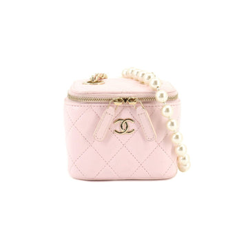 CHANEL Matelasse Mini Vanity Fake Pearl Chain Shoulder Bag Leather Pink AP2581