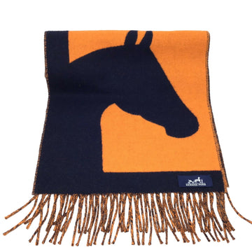 HERMES Horse Muffler Cashmere Stole Orange Navy Pattern Accessories Fashion Women Men Unisex