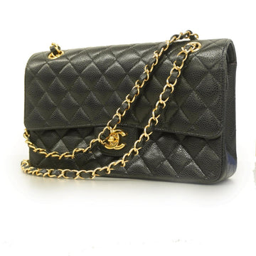 CHANEL Shoulder Bag Matelasse W Flap Chain Caviar Skin Black Gold Hardware Women's