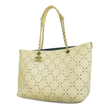 CHANELAuth  Punching Chain Shoulder Caviar Leather Tote Bag Ivory