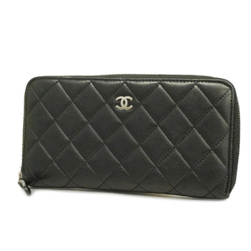 CHANEL Long Wallet Matelasse Lambskin Black Silver Hardware Women's