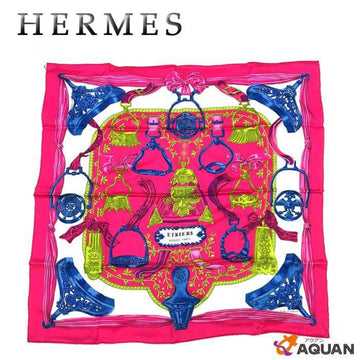 HERMES Scarf Carre 70 CARRE VINTAGE ETRIERS Stirrup Pattern / Harness Pink Silk 100%