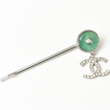 CHANEL Hairpin Kanzashi Hair Rhinestone Cocomark Green Silver