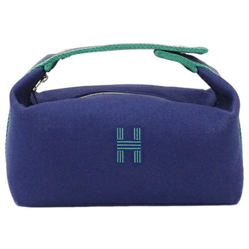 HERMES Pouch Ladies' Hand Handbag Brid A Black PM Cotton Canvas Marine Blue