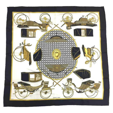 HERMES scarf muffler Carre 90 LES VOITURES A TRANSFORMATION folding hooded carriage 100% silk black