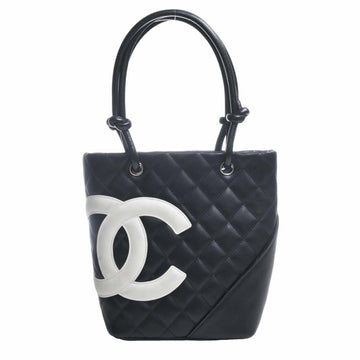 CHANEL Leather Cambon Coco Mark Small Tote Bag Black Ladies