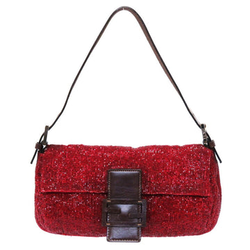 Fendi Beads Mamma Bucket Shoulder Hand Bag Leather Red 0021FENDI