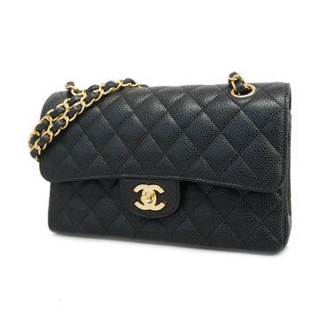 Chanel Shoulder Bag Matelasse W Flap W Chain Caviar Skin Black Gold metal