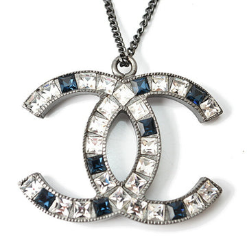 CHANEL necklace pendant  here mark CC rhinestone gunmetal blue