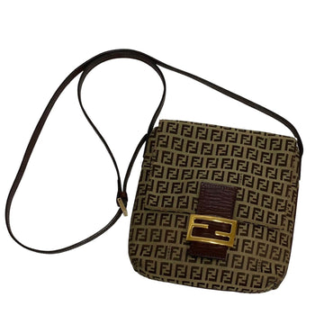 FENDI Zucchino FF Logo Pattern Hardware Leather Canvas Mini Shoulder Bag Pochette Brown Khaki