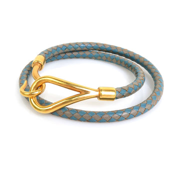 HERMES Bracelet Choker Necklace Jumbo Leather/Metal Blue/Gray/Gold Women's