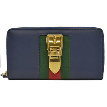 Gucci Long Wallet Silvi Navy x Gold Green Red Leather Metal Material Canvas Round Zipper Women's 476083