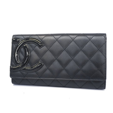 CHANELAuth  Long Wallet Cambon Line Silver Metal Fittings Women's Leather Black